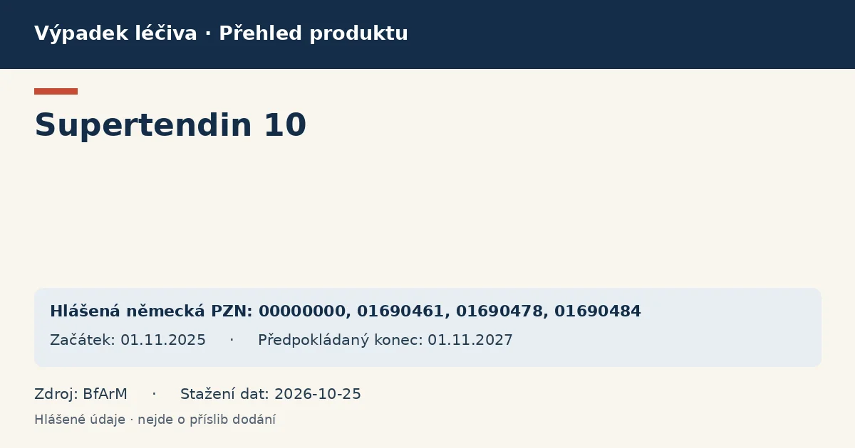 Supertendin 10: přehled německého výpadku s hlášenými baleními a obdobím (BfArM) Supertendin 10: přehled německého výpadku s hlášenými baleními a obdobím (BfArM)