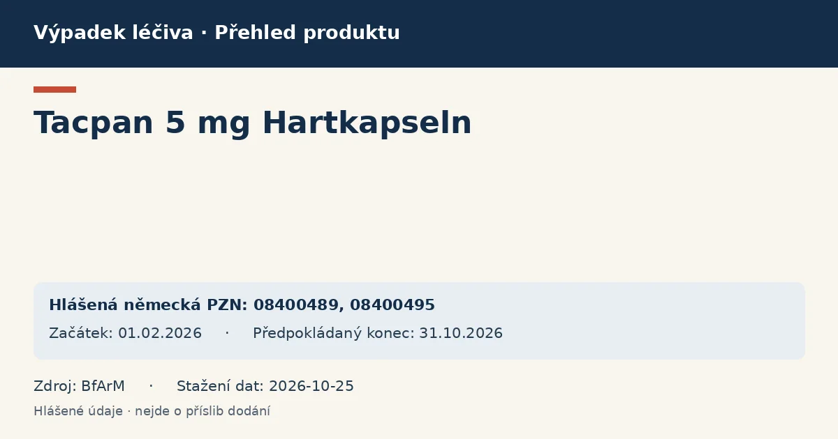 Tacpan 5 mg Hartkapseln: přehled německého výpadku s hlášenými baleními a obdobím (BfArM) Tacpan 5 mg Hartkapseln: přehled německého výpadku s hlášenými baleními a obdobím (BfArM)