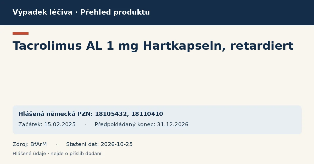Tacrolimus AL 1 mg Hartkapseln, retardiert: přehled německého výpadku s hlášenými baleními a obdobím (BfArM)