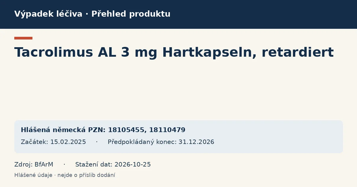 Tacrolimus AL 3 mg Hartkapseln, retardiert: přehled německého výpadku s hlášenými baleními a obdobím (BfArM)