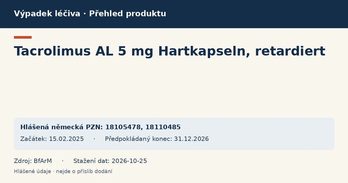 Tacrolimus AL 5 mg Hartkapseln, retardiert: přehled německého výpadku s hlášenými baleními a obdobím (BfArM)