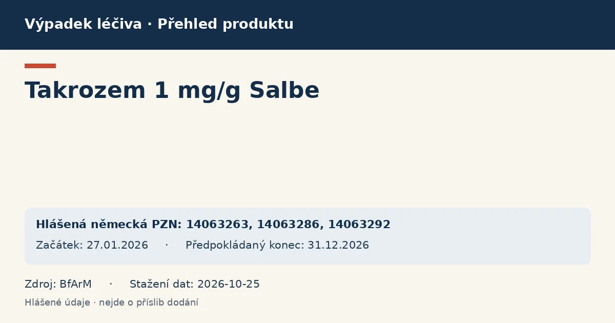 Takrozem 1 mg/g Salbe: přehled německého výpadku s hlášenými baleními a obdobím (BfArM)