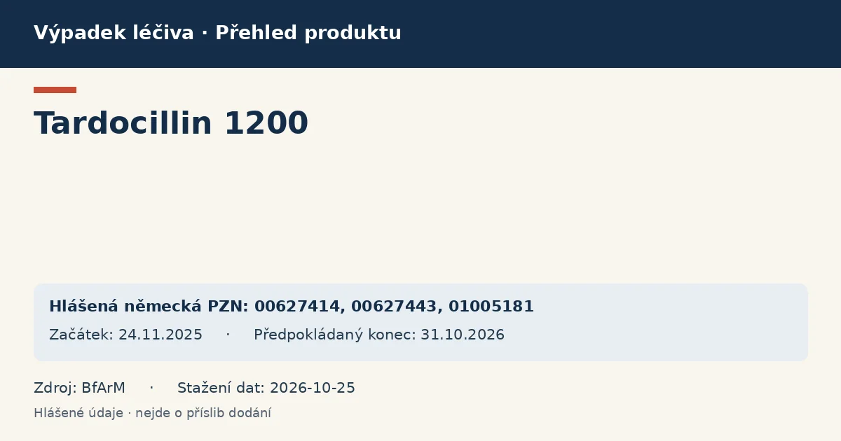 Tardocillin 1200: přehled německého výpadku s hlášenými baleními a obdobím (BfArM) Tardocillin 1200: přehled německého výpadku s hlášenými baleními a obdobím (BfArM)