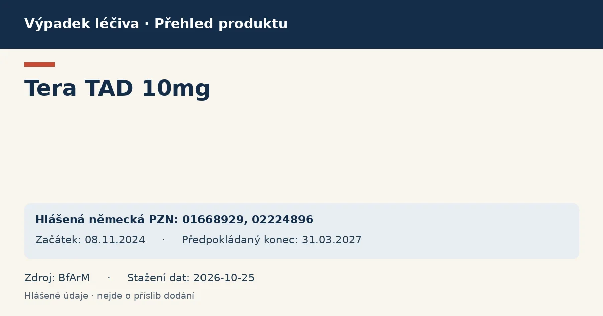 Tera TAD 10mg: přehled německého výpadku s hlášenými baleními a obdobím (BfArM) Tera TAD 10mg: přehled německého výpadku s hlášenými baleními a obdobím (BfArM)