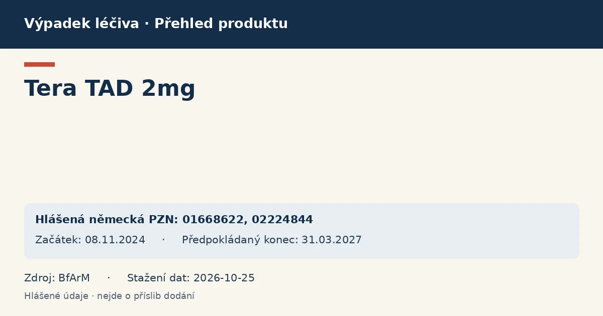 Tera TAD 2mg: přehled německého výpadku s hlášenými baleními a obdobím (BfArM) Tera TAD 2mg: přehled německého výpadku s hlášenými baleními a obdobím (BfArM)