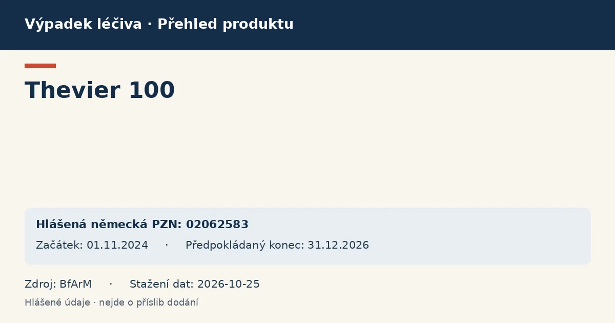 Thevier 100: přehled německého výpadku s hlášenými baleními a obdobím (BfArM) Thevier 100: přehled německého výpadku s hlášenými baleními a obdobím (BfArM)