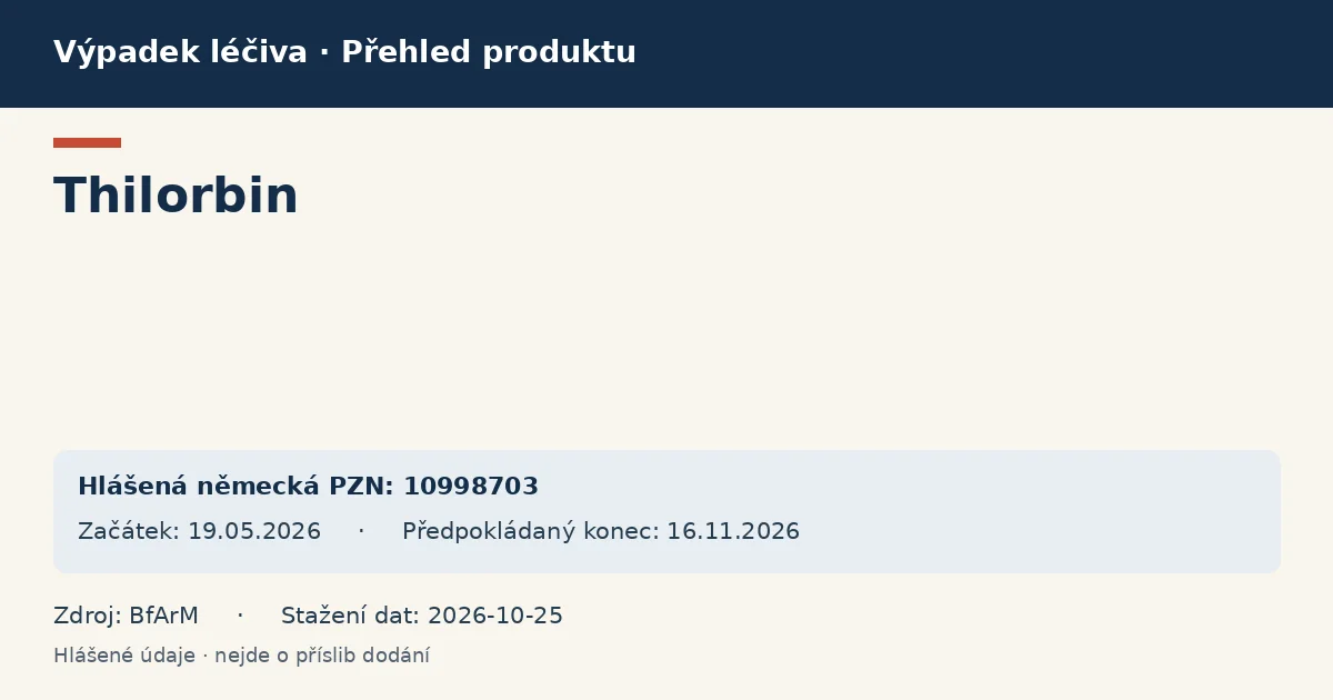 Thilorbin: přehled německého výpadku s hlášenými baleními a obdobím (BfArM) Thilorbin: přehled německého výpadku s hlášenými baleními a obdobím (BfArM)