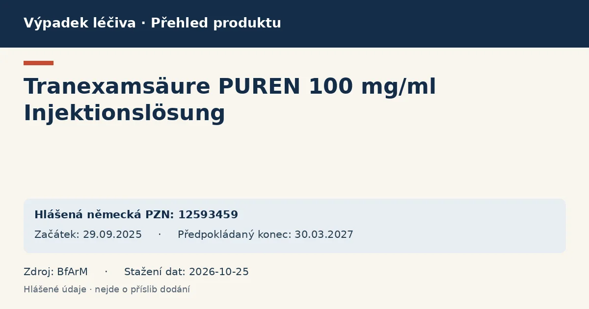 Tranexamsäure PUREN 100 mg/ml Injektionslösung: přehled německého výpadku s hlášenými baleními a obdobím (BfArM) Tranexamsäure PUREN 100 mg/ml Injektionslösung: přehled německého výpadku s hlášenými baleními a obdobím (BfArM)