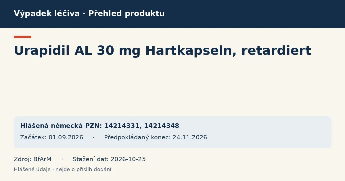 Urapidil AL 30 mg Hartkapseln, retardiert: přehled německého výpadku s hlášenými baleními a obdobím (BfArM) Urapidil AL 30 mg Hartkapseln, retardiert: přehled německého výpadku s hlášenými baleními a obdobím (BfArM)