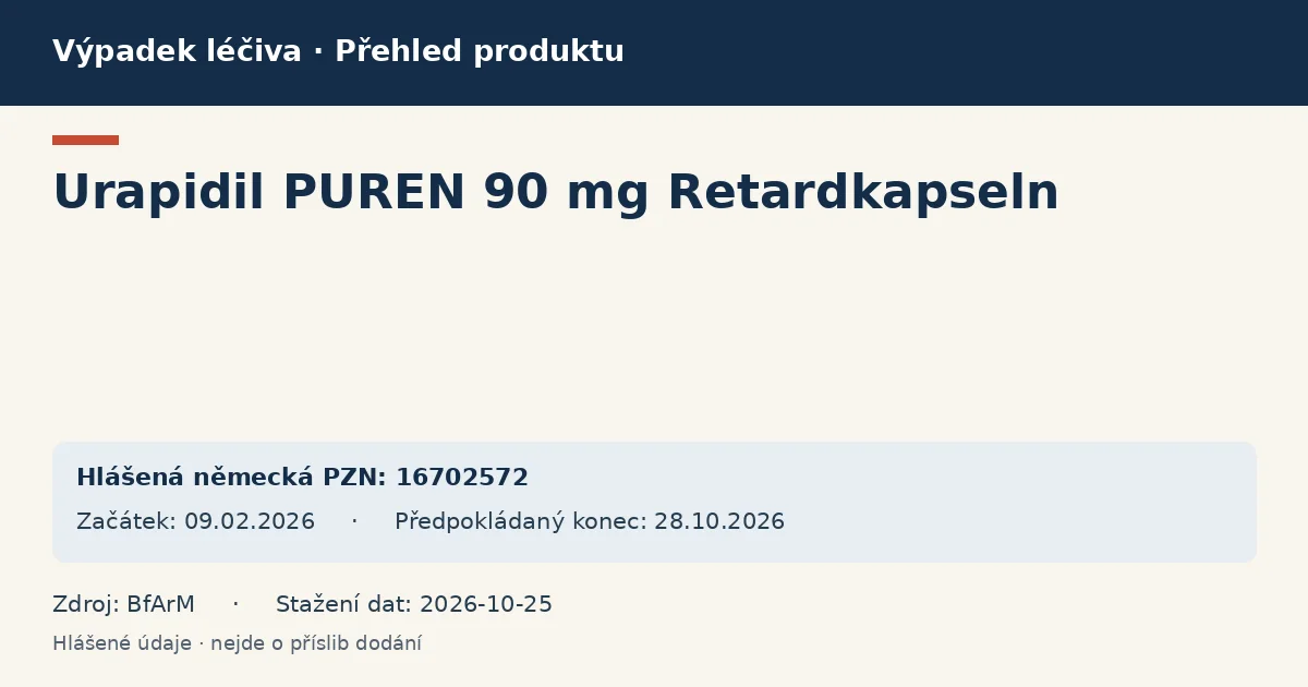 Urapidil PUREN 90 mg Retardkapseln: přehled německého výpadku s hlášenými baleními a obdobím (BfArM) Urapidil PUREN 90 mg Retardkapseln: přehled německého výpadku s hlášenými baleními a obdobím (BfArM)