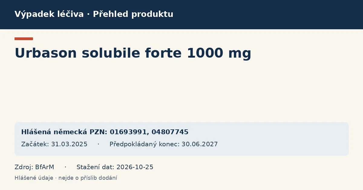 Urbason solubile forte 1000 mg: přehled německého výpadku s hlášenými baleními a obdobím (BfArM) Urbason solubile forte 1000 mg: přehled německého výpadku s hlášenými baleními a obdobím (BfArM)