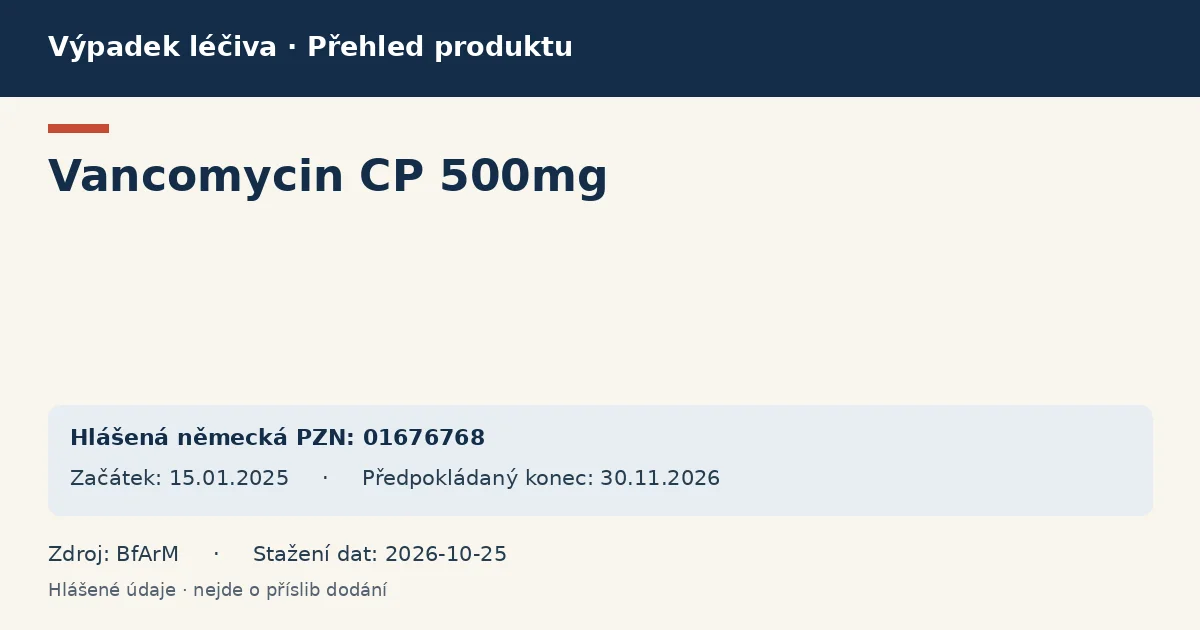 Vancomycin CP 500mg: přehled německého výpadku s hlášenými baleními a obdobím (BfArM) Vancomycin CP 500mg: přehled německého výpadku s hlášenými baleními a obdobím (BfArM)