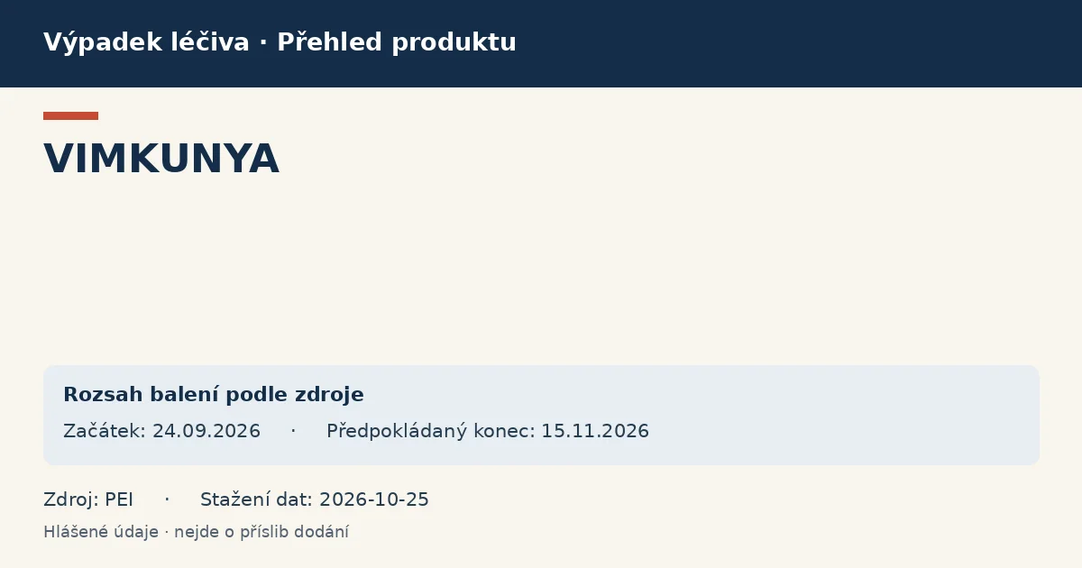 VIMKUNYA: přehled německého výpadku s hlášenými baleními a obdobím (PEI) VIMKUNYA: přehled německého výpadku s hlášenými baleními a obdobím (PEI)