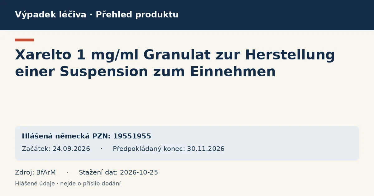 Xarelto 1 mg/ml Granulat zur Herstellung einer Suspension zum Einnehmen: přehled německého výpadku s hlášenými baleními a obdobím (BfArM) Xarelto 1 mg/ml Granulat zur Herstellung einer Suspension zum Einnehmen: přehled německého výpadku s hlášenými baleními a obdobím (BfArM)