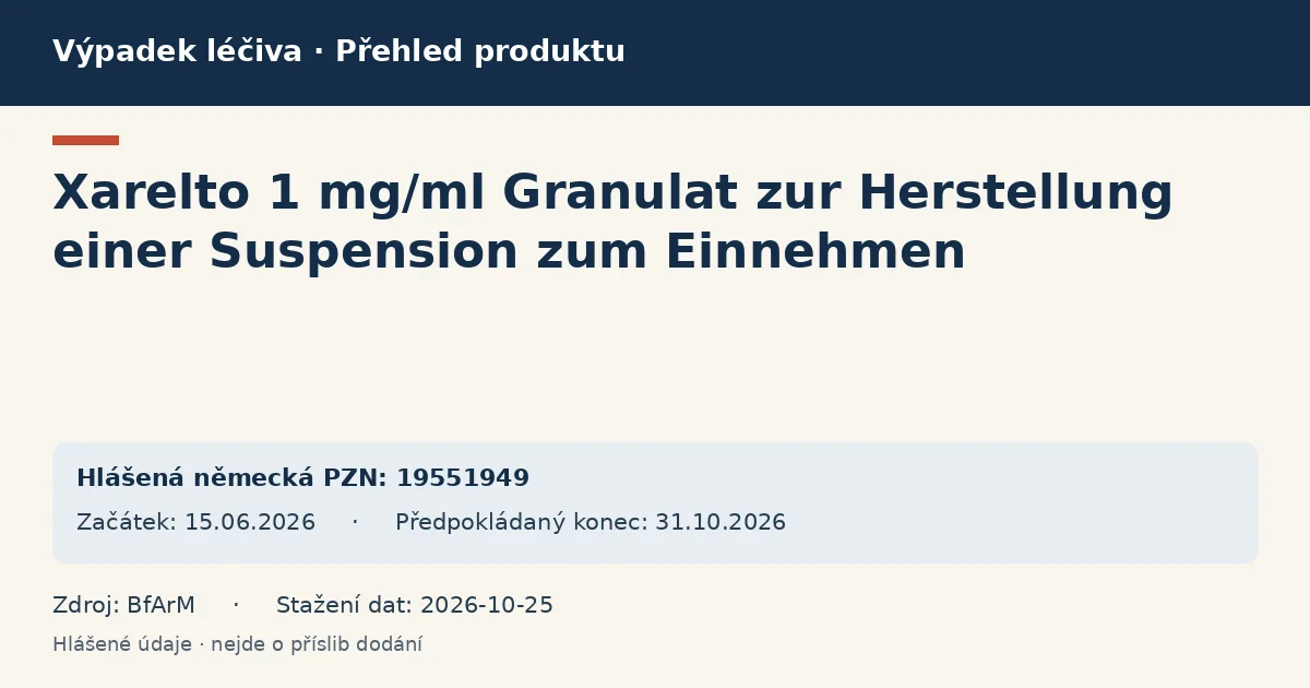 Xarelto 1 mg/ml Granulat zur Herstellung einer Suspension zum Einnehmen: přehled německého výpadku s hlášenými baleními a obdobím (BfArM) Xarelto 1 mg/ml Granulat zur Herstellung einer Suspension zum Einnehmen: přehled německého výpadku s hlášenými baleními a obdobím (BfArM)