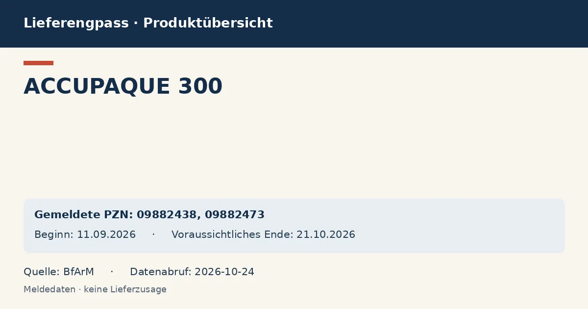 ACCUPAQUE 300: Datenübersicht zum Lieferengpass mit gemeldeten Packungen und Zeitraum (BfArM) ACCUPAQUE 300: Datenübersicht zum Lieferengpass mit gemeldeten Packungen und Zeitraum (BfArM)