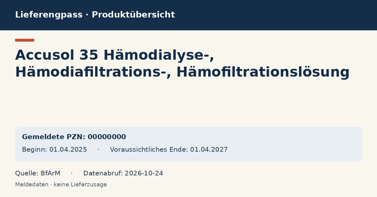 Accusol 35 Hämodialyse-, Hämodiafiltrations-, Hämofiltrationslösung: Datenübersicht zum Lieferengpass mit gemeldeten Packungen und Zeitraum (BfArM) Accusol 35 Hämodialyse-, Hämodiafiltrations-, Hämofiltrationslösung: Datenübersicht zum Lieferengpass mit gemeldeten Packungen und Zeitraum (BfArM)