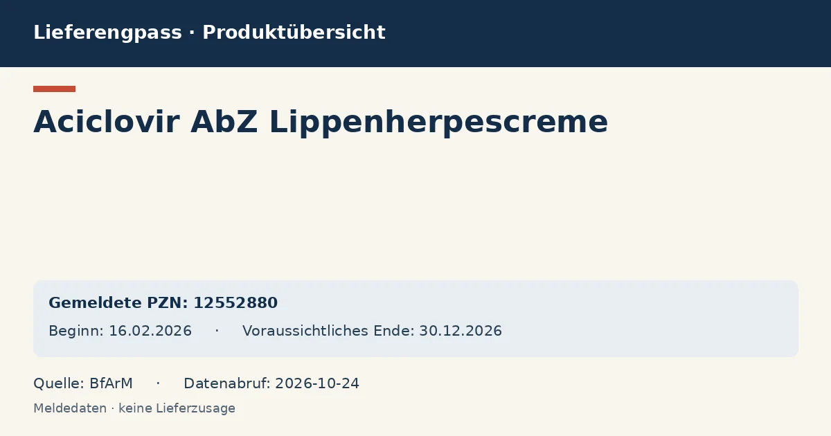 Aciclovir AbZ Lippenherpescreme: Datenübersicht zum Lieferengpass mit gemeldeten Packungen und Zeitraum (BfArM) Aciclovir AbZ Lippenherpescreme: Datenübersicht zum Lieferengpass mit gemeldeten Packungen und Zeitraum (BfArM)