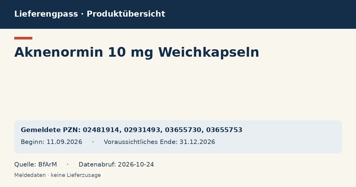 Aknenormin 10 mg Weichkapseln: Datenübersicht zum Lieferengpass mit gemeldeten Packungen und Zeitraum (BfArM) Aknenormin 10 mg Weichkapseln: Datenübersicht zum Lieferengpass mit gemeldeten Packungen und Zeitraum (BfArM)