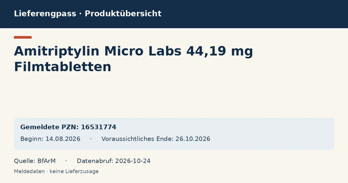 Amitriptylin Micro Labs 44,19 mg Filmtabletten: Datenübersicht zum Lieferengpass mit gemeldeten Packungen und Zeitraum (BfArM) Amitriptylin Micro Labs 44,19 mg Filmtabletten: Datenübersicht zum Lieferengpass mit gemeldeten Packungen und Zeitraum (BfArM)