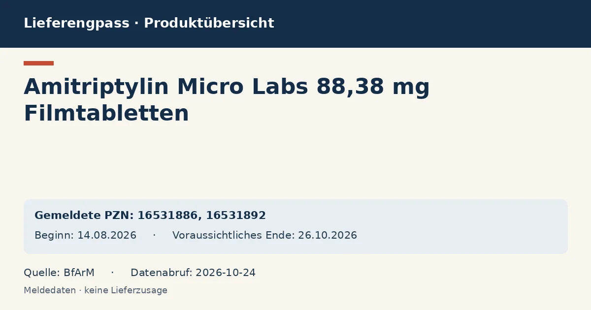 Amitriptylin Micro Labs 88,38 mg Filmtabletten: Datenübersicht zum Lieferengpass mit gemeldeten Packungen und Zeitraum (BfArM) Amitriptylin Micro Labs 88,38 mg Filmtabletten: Datenübersicht zum Lieferengpass mit gemeldeten Packungen und Zeitraum (BfArM)
