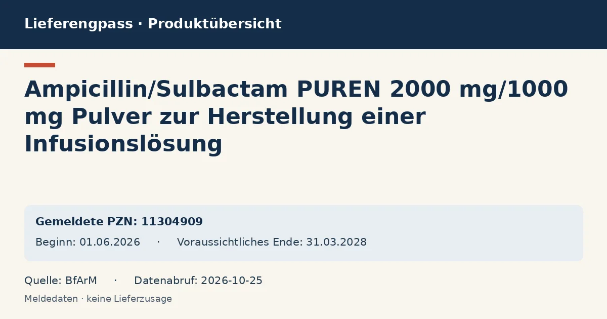 Ampicillin/Sulbactam PUREN 2000 mg/1000 mg Pulver zur Herstellung einer Infusionslösung: Datenübersicht zum Lieferengpass mit gemeldeten Packungen und Zeitraum (BfArM) Ampicillin/Sulbactam PUREN 2000 mg/1000 mg Pulver zur Herstellung einer Infusionslösung: Datenübersicht zum Lieferengpass mit gemeldeten Packungen und Zeitraum (BfArM)