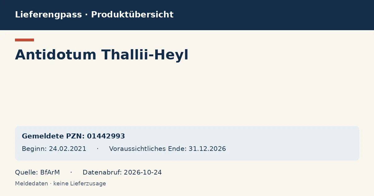 Antidotum Thallii-Heyl: Datenübersicht zum Lieferengpass mit gemeldeten Packungen und Zeitraum (BfArM) Antidotum Thallii-Heyl: Datenübersicht zum Lieferengpass mit gemeldeten Packungen und Zeitraum (BfArM)