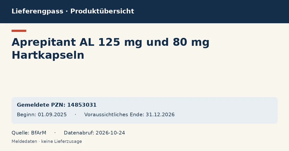 Aprepitant AL 125 mg und 80 mg Hartkapseln: Datenübersicht zum Lieferengpass mit gemeldeten Packungen und Zeitraum (BfArM)