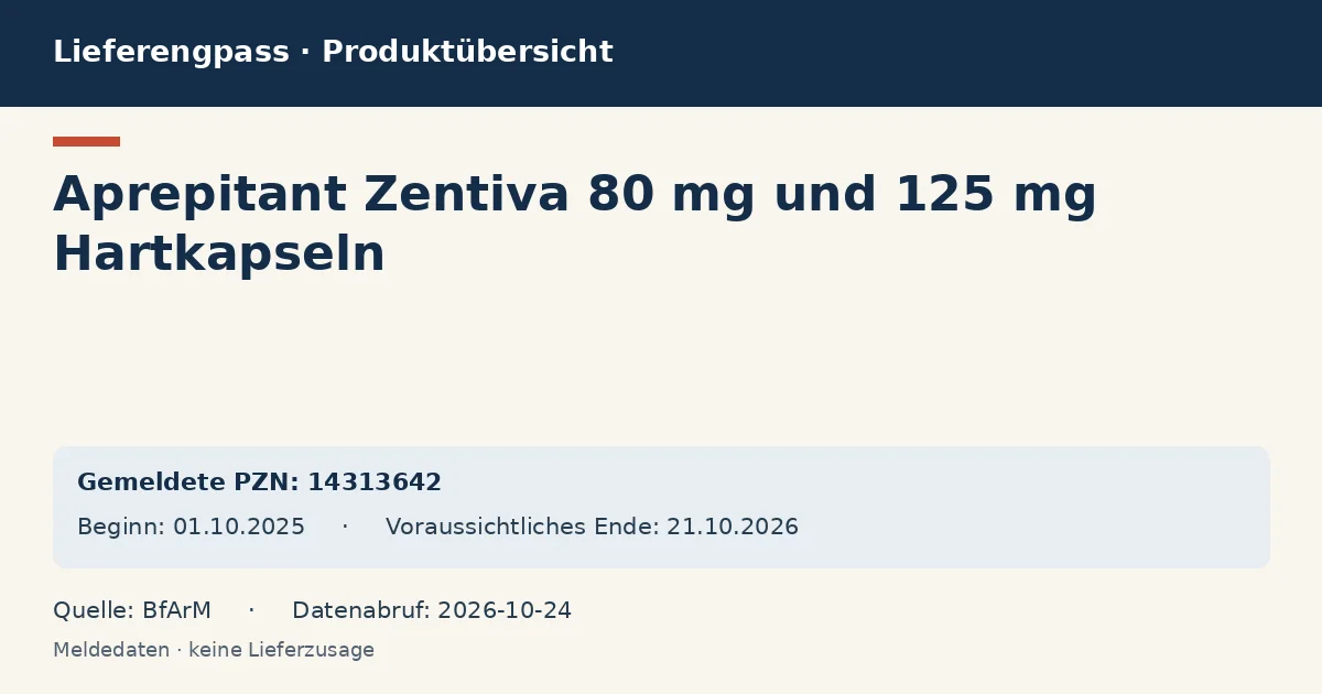 Aprepitant Zentiva 80 mg und 125 mg Hartkapseln: Datenübersicht zum Lieferengpass mit gemeldeten Packungen und Zeitraum (BfArM) Aprepitant Zentiva 80 mg und 125 mg Hartkapseln: Datenübersicht zum Lieferengpass mit gemeldeten Packungen und Zeitraum (BfArM)