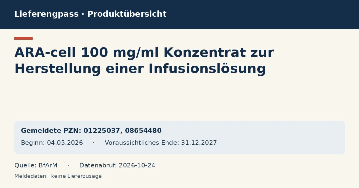 ARA-cell 100 mg/ml Konzentrat zur Herstellung einer Infusionslösung: Datenübersicht zum Lieferengpass mit gemeldeten Packungen und Zeitraum (BfArM) ARA-cell 100 mg/ml Konzentrat zur Herstellung einer Infusionslösung: Datenübersicht zum Lieferengpass mit gemeldeten Packungen und Zeitraum (BfArM)