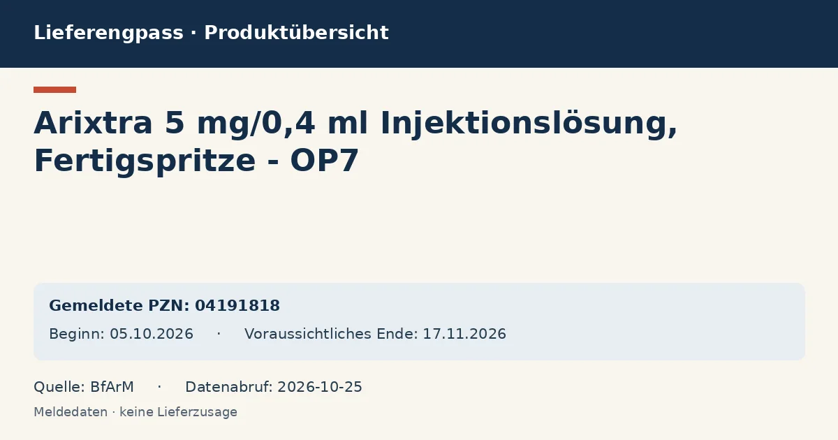 Arixtra 5 mg/0,4 ml Injektionslösung, Fertigspritze - OP7: Datenübersicht zum Lieferengpass mit gemeldeten Packungen und Zeitraum (BfArM) Arixtra 5 mg/0,4 ml Injektionslösung, Fertigspritze - OP7: Datenübersicht zum Lieferengpass mit gemeldeten Packungen und Zeitraum (BfArM)