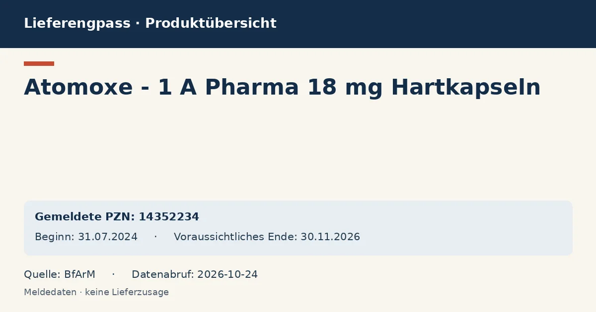 Atomoxe - 1 A Pharma 18 mg Hartkapseln: Datenübersicht zum Lieferengpass mit gemeldeten Packungen und Zeitraum (BfArM) Atomoxe - 1 A Pharma 18 mg Hartkapseln: Datenübersicht zum Lieferengpass mit gemeldeten Packungen und Zeitraum (BfArM)