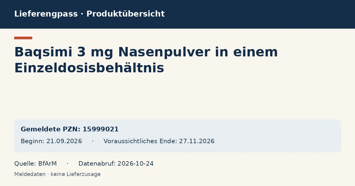 Baqsimi 3 mg Nasenpulver in einem Einzeldosisbehältnis: Datenübersicht zum Lieferengpass mit gemeldeten Packungen und Zeitraum (BfArM) Baqsimi 3 mg Nasenpulver in einem Einzeldosisbehältnis: Datenübersicht zum Lieferengpass mit gemeldeten Packungen und Zeitraum (BfArM)
