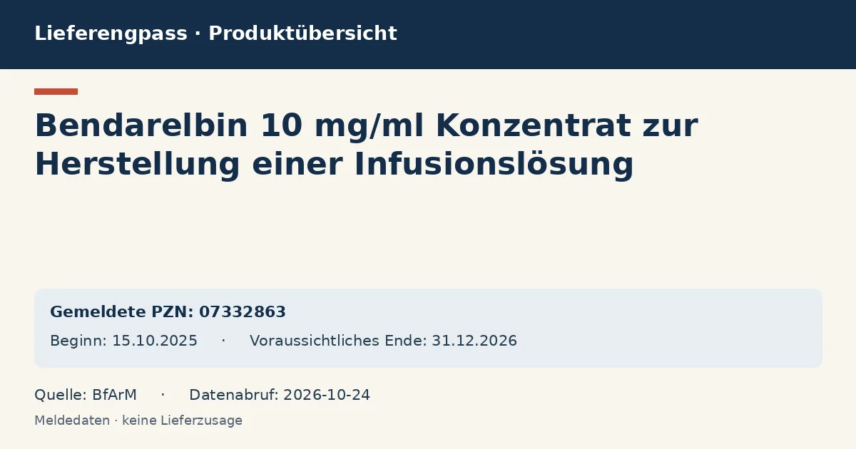 Bendarelbin 10 mg/ml Konzentrat zur Herstellung einer Infusionslösung: Datenübersicht zum Lieferengpass mit gemeldeten Packungen und Zeitraum (BfArM) Bendarelbin 10 mg/ml Konzentrat zur Herstellung einer Infusionslösung: Datenübersicht zum Lieferengpass mit gemeldeten Packungen und Zeitraum (BfArM)