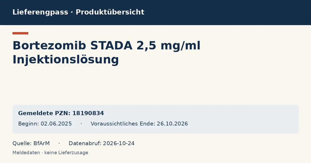 Bortezomib STADA 2,5 mg/ml Injektionslösung: Datenübersicht zum Lieferengpass mit gemeldeten Packungen und Zeitraum (BfArM) Bortezomib STADA 2,5 mg/ml Injektionslösung: Datenübersicht zum Lieferengpass mit gemeldeten Packungen und Zeitraum (BfArM)
