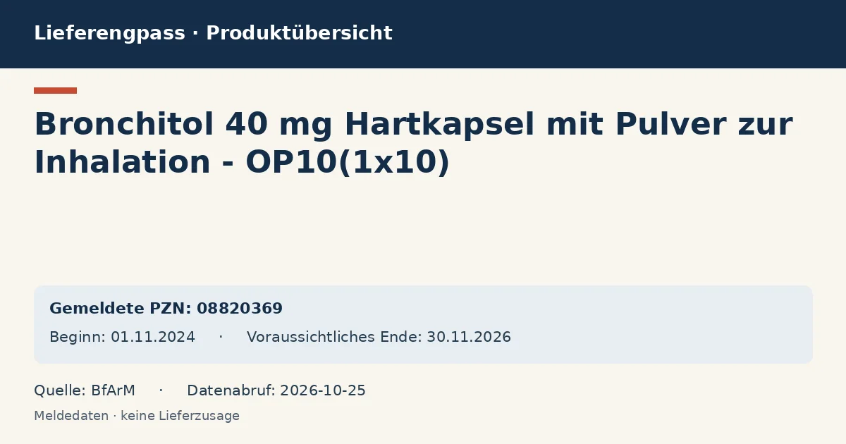Bronchitol 40 mg Hartkapsel mit Pulver zur Inhalation - OP10(1x10): Datenübersicht zum Lieferengpass mit gemeldeten Packungen und Zeitraum (BfArM) Bronchitol 40 mg Hartkapsel mit Pulver zur Inhalation - OP10(1x10): Datenübersicht zum Lieferengpass mit gemeldeten Packungen und Zeitraum (BfArM)
