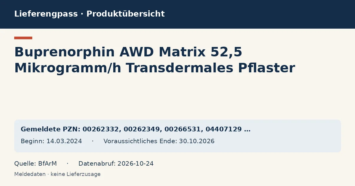 Buprenorphin AWD Matrix 52,5 Mikrogramm/h Transdermales Pflaster: Datenübersicht zum Lieferengpass mit gemeldeten Packungen und Zeitraum (BfArM) Buprenorphin AWD Matrix 52,5 Mikrogramm/h Transdermales Pflaster: Datenübersicht zum Lieferengpass mit gemeldeten Packungen und Zeitraum (BfArM)