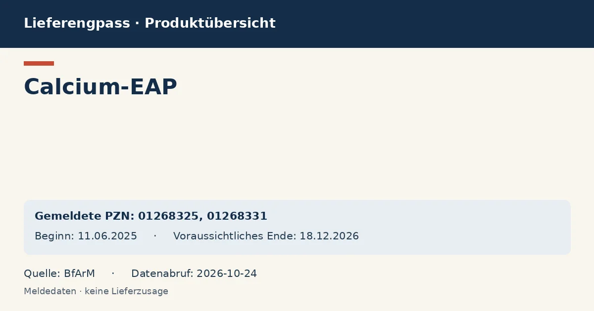 Calcium-EAP: Datenübersicht zum Lieferengpass mit gemeldeten Packungen und Zeitraum (BfArM)