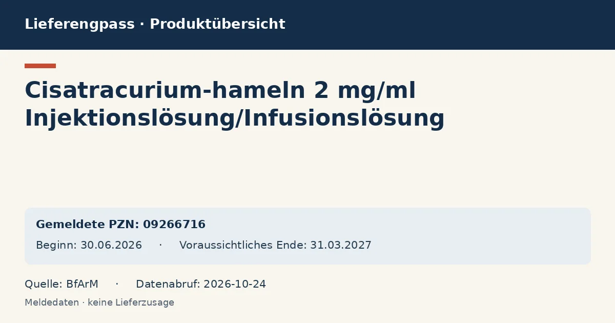Cisatracurium-hameln 2 mg/ml Injektionslösung/Infusionslösung: Datenübersicht zum Lieferengpass mit gemeldeten Packungen und Zeitraum (BfArM) Cisatracurium-hameln 2 mg/ml Injektionslösung/Infusionslösung: Datenübersicht zum Lieferengpass mit gemeldeten Packungen und Zeitraum (BfArM)