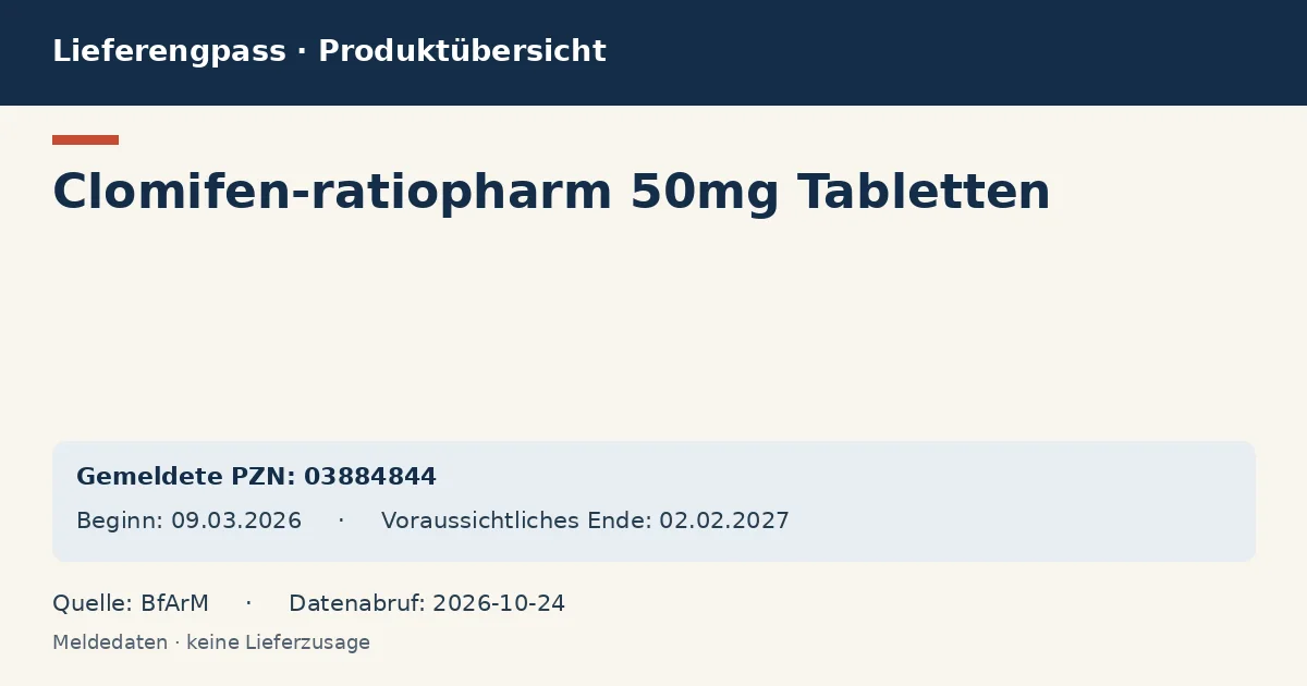 Clomifen-ratiopharm 50mg Tabletten: Datenübersicht zum Lieferengpass mit gemeldeten Packungen und Zeitraum (BfArM) Clomifen-ratiopharm 50mg Tabletten: Datenübersicht zum Lieferengpass mit gemeldeten Packungen und Zeitraum (BfArM)