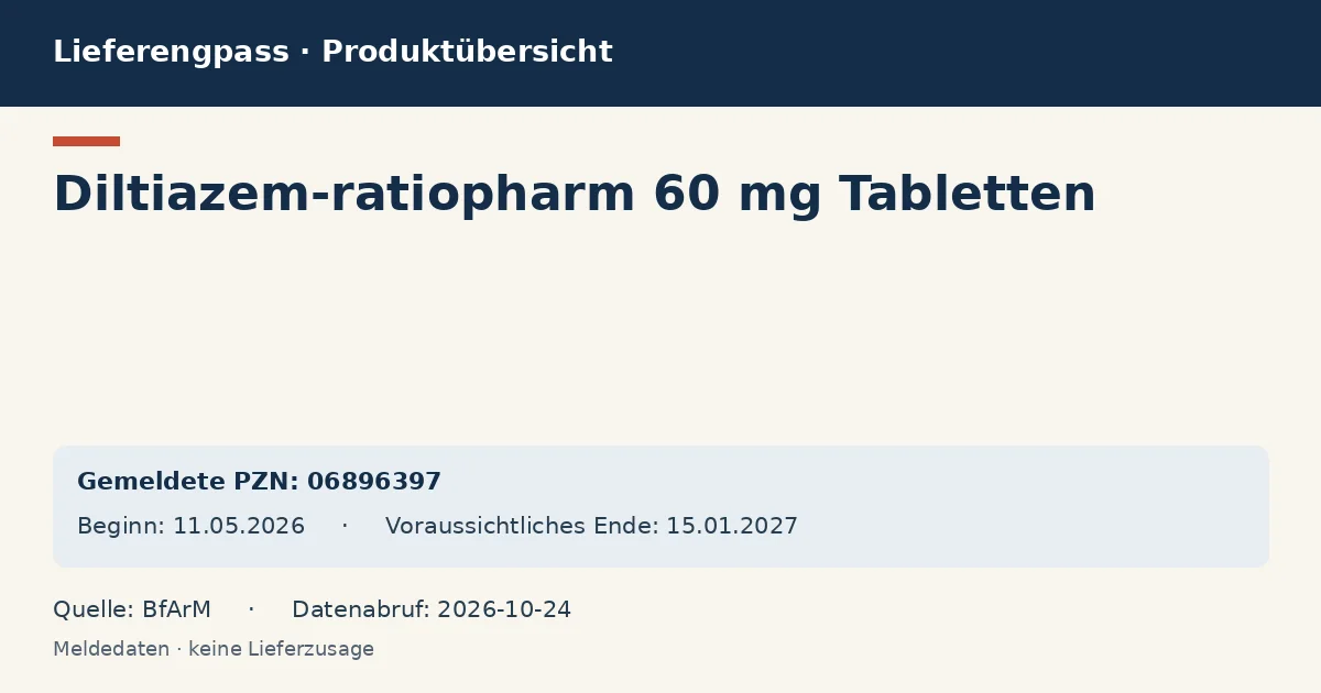 Diltiazem-ratiopharm 60 mg Tabletten: Datenübersicht zum Lieferengpass mit gemeldeten Packungen und Zeitraum (BfArM) Diltiazem-ratiopharm 60 mg Tabletten: Datenübersicht zum Lieferengpass mit gemeldeten Packungen und Zeitraum (BfArM)