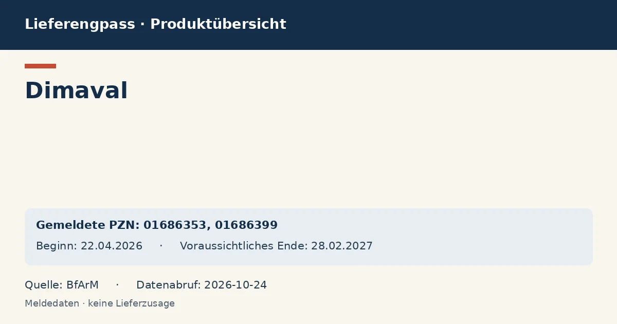 Dimaval: Datenübersicht zum Lieferengpass mit gemeldeten Packungen und Zeitraum (BfArM)