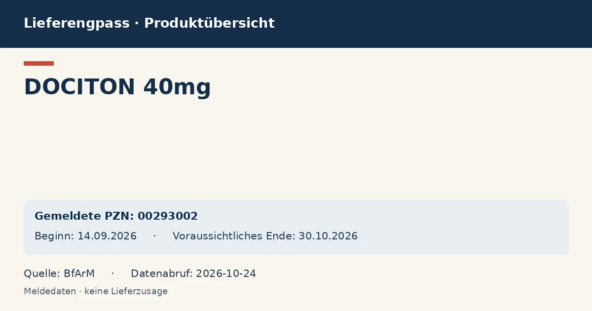 DOCITON 40mg: Datenübersicht zum Lieferengpass mit gemeldeten Packungen und Zeitraum (BfArM) DOCITON 40mg: Datenübersicht zum Lieferengpass mit gemeldeten Packungen und Zeitraum (BfArM)