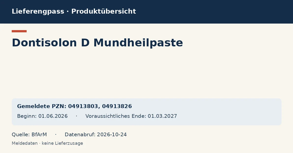Dontisolon D Mundheilpaste: Datenübersicht zum Lieferengpass mit gemeldeten Packungen und Zeitraum (BfArM) Dontisolon D Mundheilpaste: Datenübersicht zum Lieferengpass mit gemeldeten Packungen und Zeitraum (BfArM)