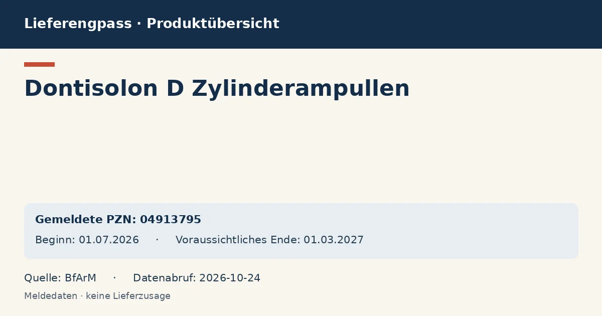 Dontisolon D Zylinderampullen: Datenübersicht zum Lieferengpass mit gemeldeten Packungen und Zeitraum (BfArM)