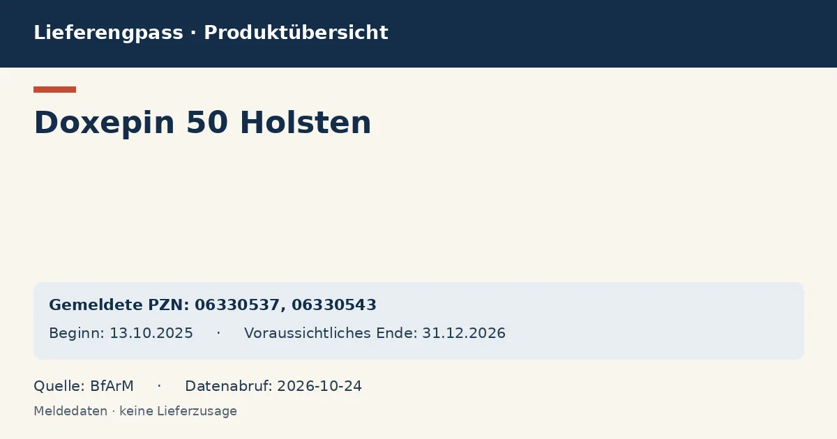 Doxepin 50 Holsten: Datenübersicht zum Lieferengpass mit gemeldeten Packungen und Zeitraum (BfArM)