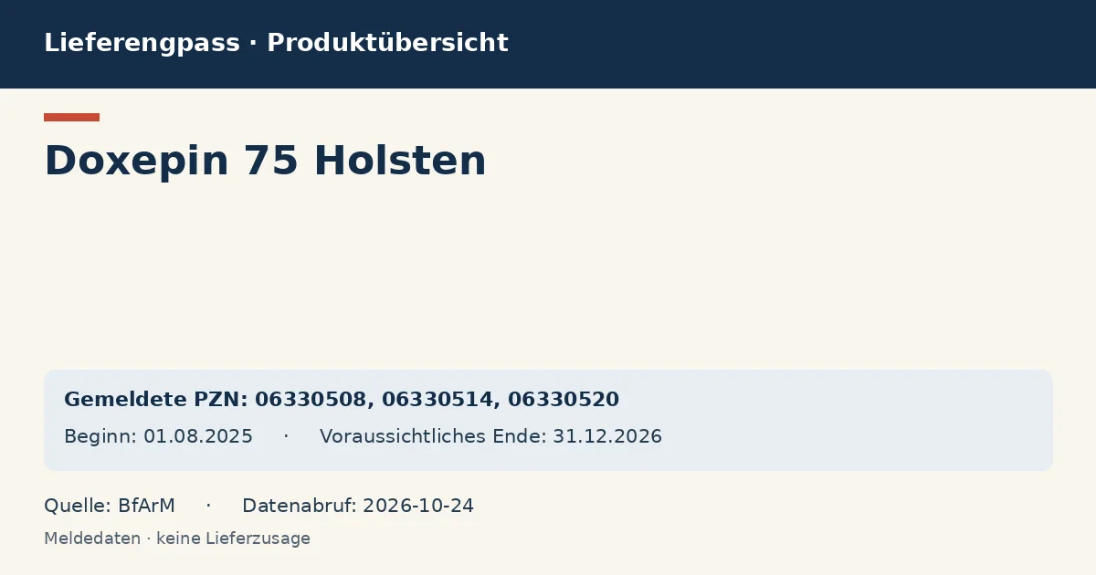 Doxepin 75 Holsten: Datenübersicht zum Lieferengpass mit gemeldeten Packungen und Zeitraum (BfArM) Doxepin 75 Holsten: Datenübersicht zum Lieferengpass mit gemeldeten Packungen und Zeitraum (BfArM)
