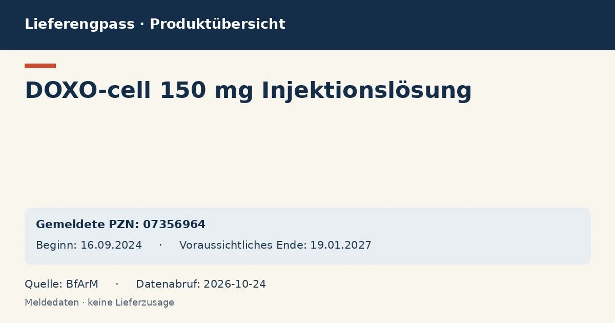 DOXO-cell 150 mg Injektionslösung: Datenübersicht zum Lieferengpass mit gemeldeten Packungen und Zeitraum (BfArM) DOXO-cell 150 mg Injektionslösung: Datenübersicht zum Lieferengpass mit gemeldeten Packungen und Zeitraum (BfArM)