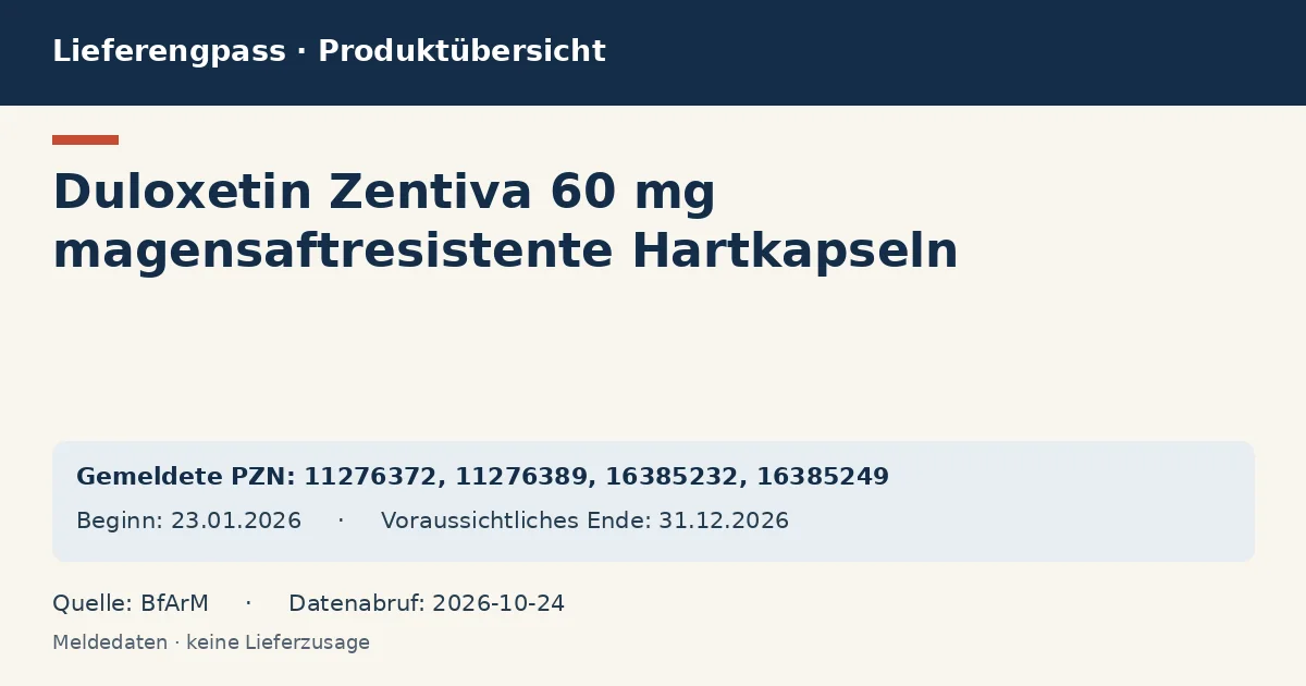 Duloxetin Zentiva 60 mg magensaftresistente Hartkapseln : Datenübersicht zum Lieferengpass mit gemeldeten Packungen und Zeitraum (BfArM) Duloxetin Zentiva 60 mg magensaftresistente Hartkapseln : Datenübersicht zum Lieferengpass mit gemeldeten Packungen und Zeitraum (BfArM)