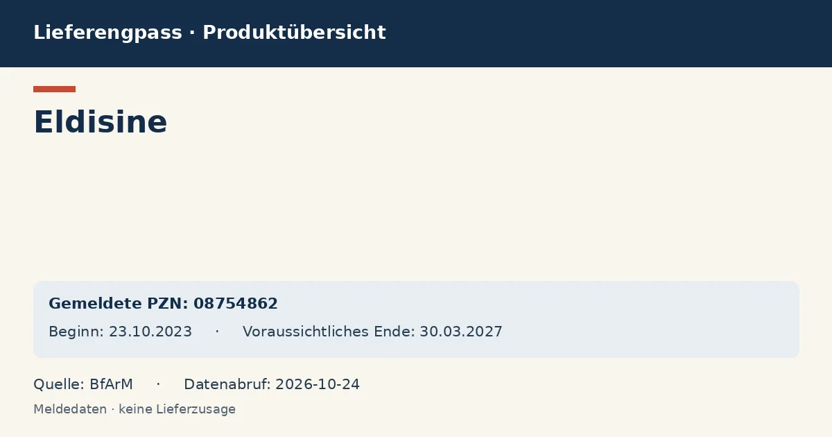 Eldisine: Datenübersicht zum Lieferengpass mit gemeldeten Packungen und Zeitraum (BfArM) Eldisine: Datenübersicht zum Lieferengpass mit gemeldeten Packungen und Zeitraum (BfArM)